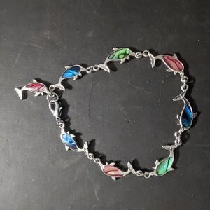 SILVER Tone Dolphin Pink Green Blue Paua Shell Statement Bracelet
